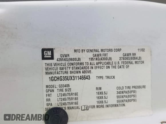 ✅ 2003 Chevrolet Express Cargo • VIN: 1GCHG35UX31146643 • Lot: 43101289. Listed on IAAI with 204,618 mi. Free auction sales archive from the USA and detailed vehicle history report at DreamBid. Image 9.