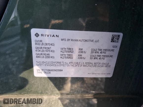 ✅ 2025 Rivian R1T Adventure • VIN: 7FCTGBAA8SN035994 • Lot: 85912395. Wystawiony na Copart z przebiegiem 18 228 mil. Bezpłatny archiwum sprzedaży aukcyjnych z USA i szczegółowy raport historii pojazdu na DreamBid. Zdjęcie 12.