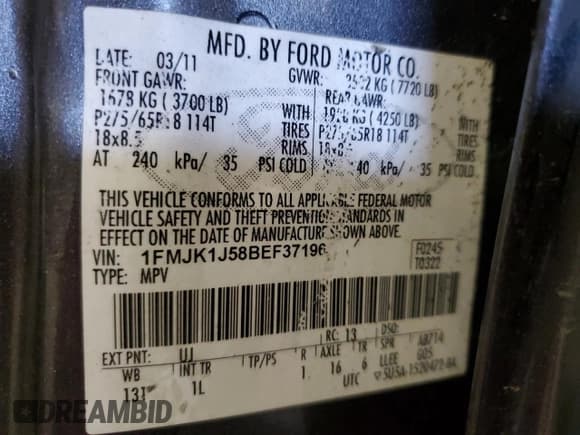 ✅ 2011 Ford Expedition Max XLT • VIN: 1FMJK1J58BEF37196 • Лот: 61941515. Опубликован ранее на Copart с пробегом 253 699 миль. Бесплатный доступ к архиву аукционных продаж из США и подробный отчёт об истории автомобиля на DreamBid. Изображение 13.