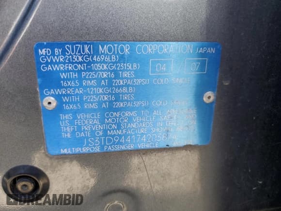 ✅ 2007 Suzuki Grand Vitara XSport • VIN: JS3TD944174203874 • Lot: 63871885. Wystawiony na Copart z przebiegiem 99 350 mil. Bezpłatny archiwum sprzedaży aukcyjnych z USA i szczegółowy raport historii pojazdu na DreamBid. Zdjęcie 13.