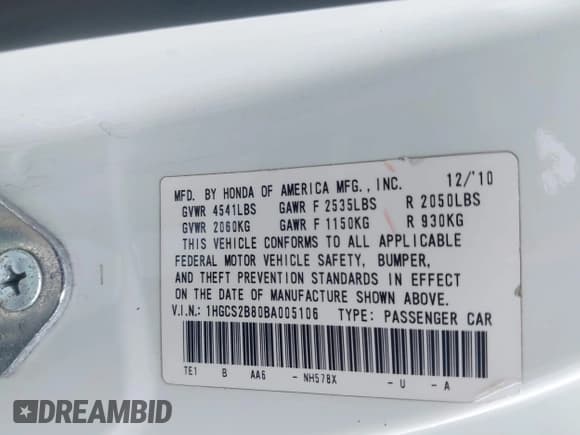 ✅ 2011 Honda Accord EX-L • VIN: 1HGCS2B80BA005106 • Лот: 42669655. Опубликован ранее на IAAI с пробегом 171 904 миль. Бесплатный доступ к архиву аукционных продаж из США и подробный отчёт об истории автомобиля на DreamBid. Изображение 9.