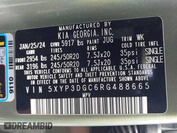 ✅ 2024 Kia Telluride EX X-Line • VIN: 5XYP3DGC6RG488665 • Lot: 42585925. Listed on IAAI with 28,906 mi. Free auction sales archive from the USA and detailed vehicle history report at DreamBid. Image 9.