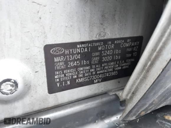 2004 Hyundai Santa Fe GLS с VIN KM8SC73D04U743985, выставлен на аукционе IAAI как лот 41573763 с пробегом 178 322 миль миль и . История ставок и продаж доступна на DreamBid. Изображение 9.