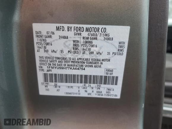 ✅ 2007 Ford Escape Hybrid • VIN: 1FMYU59H77KA64754 • Lot: 84225425. Listed on Copart with 241,465 mi. Free auction sales archive from the USA and detailed vehicle history report at DreamBid. Image 12.