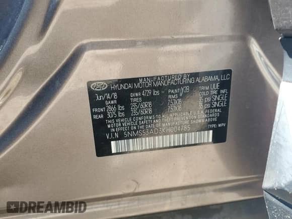 2019 Hyundai Santa Fe Ultimate z VIN 5NMS53AD3KH004785, wystawiony jako Copart lot #62736825 z przebiegiem 73 413 mil mil oraz Szkoda całkowita • Salvage title. Historia ofert i sprzedaży dostępna na DreamBid. Obrazek 13.