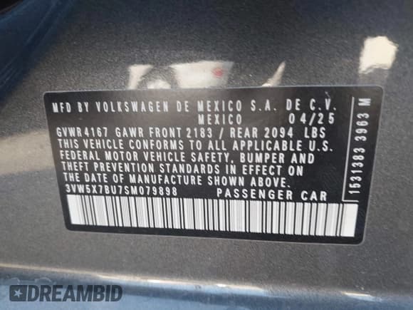 ✅ 2025 Volkswagen Jetta S • VIN: 3VW5X7BU7SM079898 • Лот: 42688989. Опубликован ранее на IAAI с пробегом 408 миль. Бесплатный доступ к архиву аукционных продаж из США и подробный отчёт об истории автомобиля на DreamBid. Изображение 9.