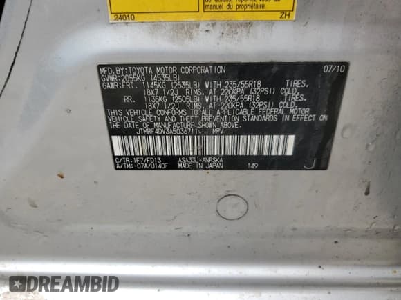 ✅ 2010 Toyota RAV4 Sport • VIN: JTMRF4DV3A5036711 • Lot: 51787685. Listed on Copart with 209,902 mi. Free auction sales archive from the USA and detailed vehicle history report at DreamBid. Image 13.