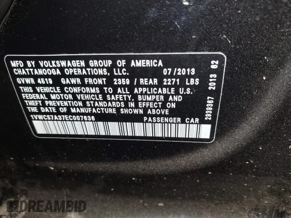 ✅ 2014 Volkswagen Passat SEL Premium • VIN: 1VWCS7A37EC007636 • Lot: 42075489. Listed on IAAI with Not provided. Free auction sales archive from the USA and detailed vehicle history report at DreamBid. Image 9.