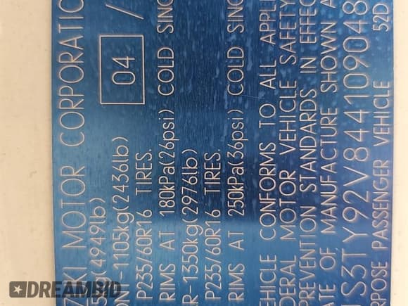 ✅ 2004 Suzuki XL7 LX • VIN: JS3TY92V844109048 • Lot: 66015825. Listed on Copart with 120,238 mi. Free auction sales archive from the USA and detailed vehicle history report at DreamBid. Image 13.