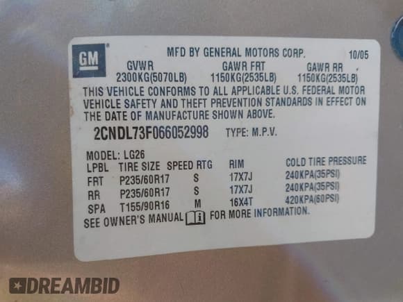 ✅ 2006 Chevrolet Equinox LT • VIN: 2CNDL73F066052998 • Лот: 41767753. Опубликован ранее на IAAI с пробегом 162 963 миль. Бесплатный доступ к архиву аукционных продаж из США и подробный отчёт об истории автомобиля на DreamBid. Изображение 9.