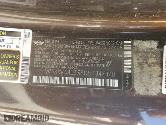 ✅ 2008 MINI Clubman • VIN: WMWML33508TJ46178 • Lot: 68038465. Listed on Copart with 162,812 mi. Free auction sales archive from the USA and detailed vehicle history report at DreamBid. Image 12.