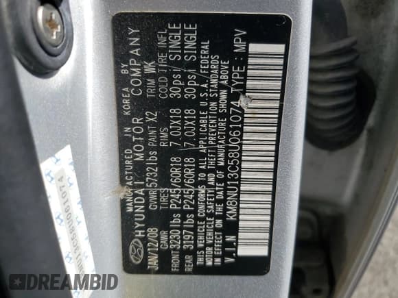 ✅ 2008 Hyundai Veracruz GLS • VIN: KM8NU13C58U061074 • Lot: 82550715. Listed on Copart with 157,777 mi. Free auction sales archive from the USA and detailed vehicle history report at DreamBid. Image 14.