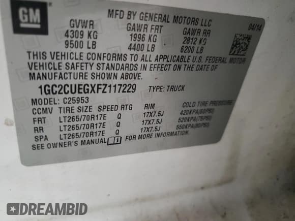 ✅ 2015 Chevrolet Silverado 2500HD Work Truck • VIN: 1GC2CUEGXFZ117229 • Lot: 59947925. Listed on Copart with 203,375 mi. Free auction sales archive from the USA and detailed vehicle history report at DreamBid. Image 12.