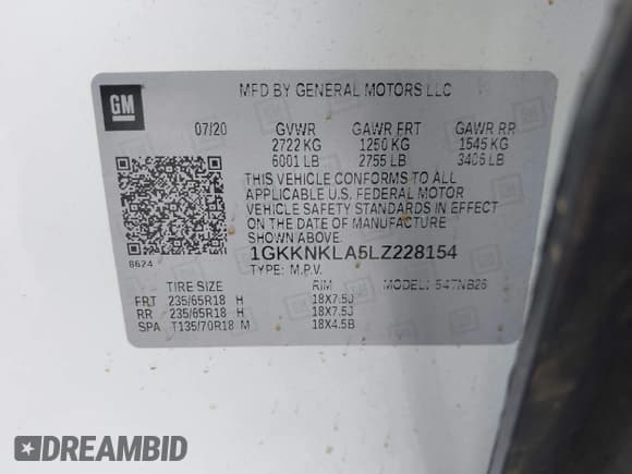 ✅ 2020 GMC Acadia SLE • VIN: 1GKKNKLA5LZ228154 • Lot: 43048498. Listed on IAAI with 102,289 mi. Free auction sales archive from the USA and detailed vehicle history report at DreamBid. Image 9.