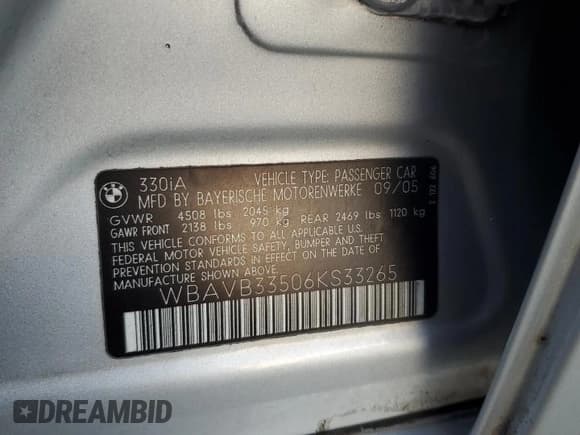 ✅ 2006 BMW 3 Series 330i • VIN: WBAVB33506KS33265 • Lot: 92079945. Wystawiony na Copart z przebiegiem 210 639 mil. Bezpłatny archiwum sprzedaży aukcyjnych z USA i szczegółowy raport historii pojazdu na DreamBid. Zdjęcie 12.