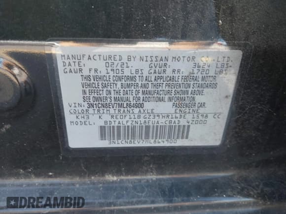 ✅ 2021 Nissan Versa SV • VIN: 3N1CN8EV7ML864900 • Lot: 43636220. Listed on IAAI with 126,110 mi. Free auction sales archive from the USA and detailed vehicle history report at DreamBid. Image 9.