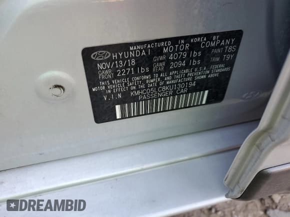 ✅ 2019 Hyundai Ioniq Limited • VIN: KMHC05LC8KU130194 • Lot: 77047254. Listed on Copart with 59,760 mi. Free auction sales archive from the USA and detailed vehicle history report at DreamBid. Image 12.