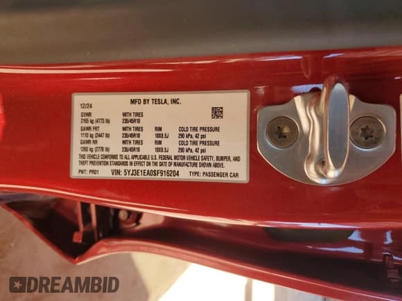 ✅ 2025 Tesla Model 3 Long Range • VIN: 5YJ3E1EA0SF916204 • Lot: 87119515. Listed on Copart with 10,111 mi. Free auction sales archive from the USA and detailed vehicle history report at DreamBid. Image 12.