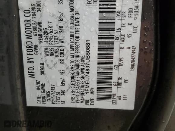 ✅ 2007 Ford Explorer Eddie Bauer • VIN: 1FMEU74837UB50881 • Lot: 57871695. Wystawiony na Copart z przebiegiem 179 498 mil. Bezpłatny archiwum sprzedaży aukcyjnych z USA i szczegółowy raport historii pojazdu na DreamBid. Zdjęcie 13.