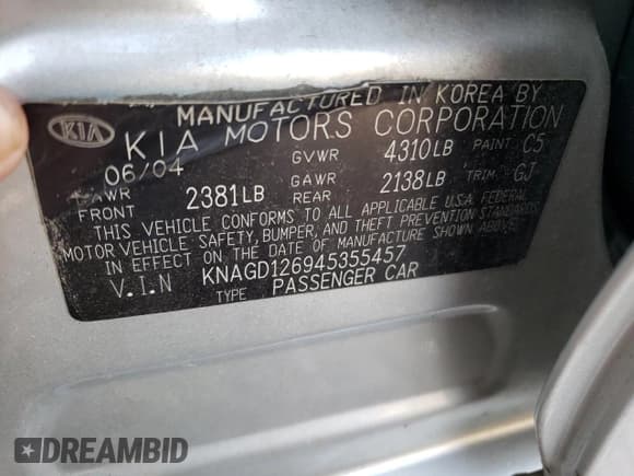 ✅ 2004 Kia Optima LX • VIN: KNAGD126945355457 • Lot: 74191244. Wystawiony na Copart z przebiegiem 109 378 mil. Bezpłatny archiwum sprzedaży aukcyjnych z USA i szczegółowy raport historii pojazdu na DreamBid. Zdjęcie 12.