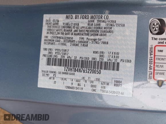 ✅ 2006 Ford Mustang Standard • VIN: 1ZVHT84N765220050 • Lot: 42231993. Listed on IAAI with 123,880 mi. Free auction sales archive from the USA and detailed vehicle history report at DreamBid. Image 9.