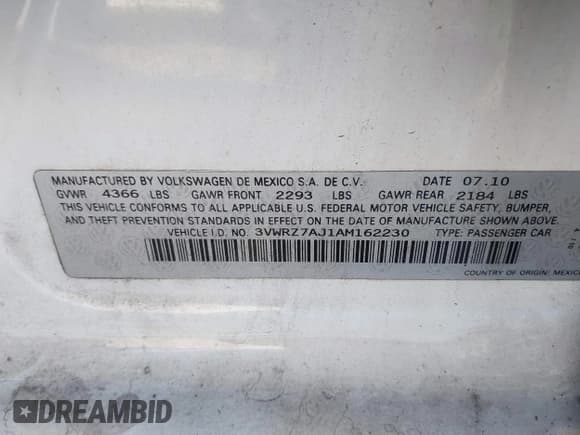 ✅ 2010 Volkswagen Jetta SE • VIN: 3VWRZ7AJ1AM162230 • Lot: 43742158. Listed on IAAI with 99,177 mi. Free auction sales archive from the USA and detailed vehicle history report at DreamBid. Image 9.