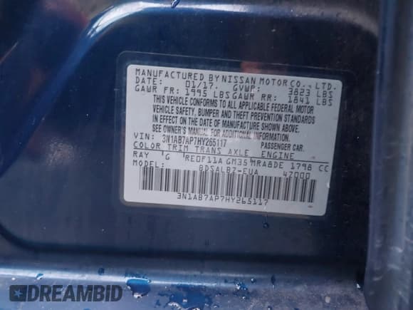 ✅ 2017 Nissan Sentra SL • VIN: 3N1AB7AP7HY265117 • Lot: 43710522. Listed on IAAI with 136,330 mi. Free auction sales archive from the USA and detailed vehicle history report at DreamBid. Image 9.