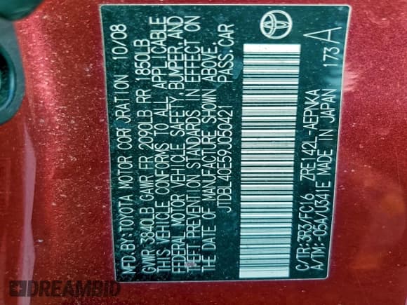 ✅ 2009 Toyota Corolla XLE • VIN: JTDBL40E59J050421 • Лот: 94858945. Опубликован ранее на Copart с пробегом 211 634 миль. Бесплатный доступ к архиву аукционных продаж из США и подробный отчёт об истории автомобиля на DreamBid. Изображение 12.