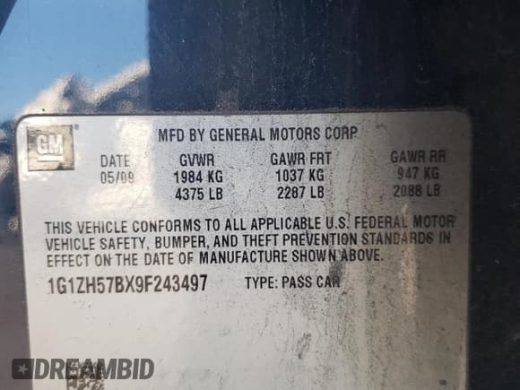 ✅ 2009 Chevrolet Malibu 1LT • VIN: 1G1ZH57BX9F243497 • Lot: 74396844. Listed on Copart with 133,224 mi. Free auction sales archive from the USA and detailed vehicle history report at DreamBid. Image 14.