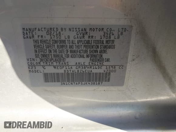 ✅ 2018 Nissan Versa SV • VIN: 3N1CN7AP5JK438187 • Lot: 43516426. Listed on IAAI with Not provided. Free auction sales archive from the USA and detailed vehicle history report at DreamBid. Image 9.