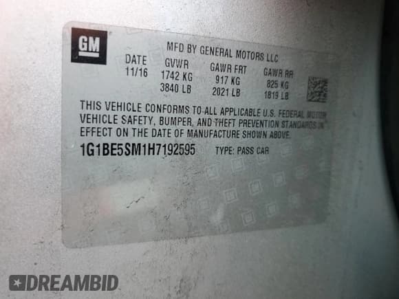 ✅ 2017 Chevrolet Cruze LT • VIN: 1G1BE5SM1H7192595 • Лот: 81863445. Опубликован ранее на Copart с пробегом Не указан. Бесплатный доступ к архиву аукционных продаж из США и подробный отчёт об истории автомобиля на DreamBid. Изображение 12.