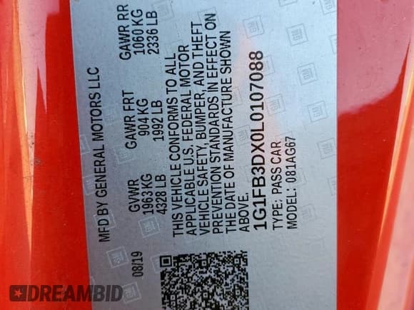 ✅ 2020 Chevrolet Camaro 1LT • VIN: 1G1FB3DX0L0107088 • Lot: 80030535. Listed on Copart with 55,447 mi. Free auction sales archive from the USA and detailed vehicle history report at DreamBid. Image 12.