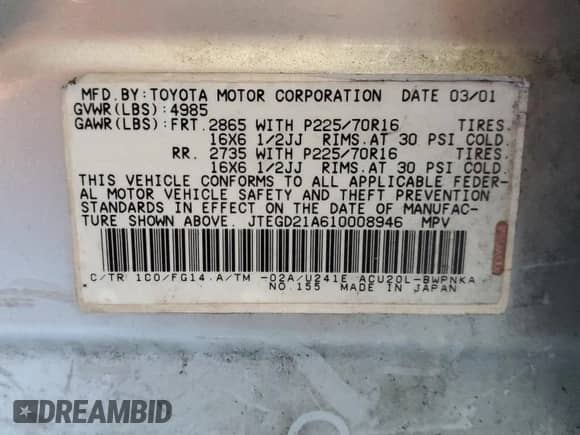 2001 Toyota Highlander с VIN JTEGD21A610008946, выставлен на аукционе Copart как лот 65469245 с пробегом 235 729 миль миль и Чистый • Clean title. История ставок и продаж доступна на DreamBid. Изображение 13.