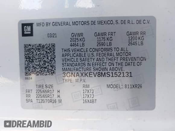 2021 Chevrolet Equinox LT с VIN 3GNAXKEV8MS152131, выставлен на аукционе IAAI как лот 43216050 с пробегом 80 301 миль миль и . История ставок и продаж доступна на DreamBid. Изображение 9.
