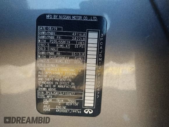 ✅ 2020 Infiniti QX50 Luxe • VIN: 3PCAJ5M12LF100477 • Lot: 43185915. Listed on IAAI with 65,881 mi. Free auction sales archive from the USA and detailed vehicle history report at DreamBid. Image 9.