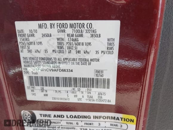 ✅ 2010 Ford F-150 XL • VIN: 1FTFW1CV9AFD66334 • Lot: 43257635. Listed on IAAI with 184,339 mi. Free auction sales archive from the USA and detailed vehicle history report at DreamBid. Image 9.