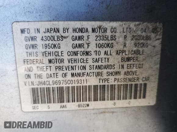 ✅ 2005 Acura TSX • VIN: JH4CL96975C019311 • Lot: 73243014. Listed on Copart with 308,547 mi. Free auction sales archive from the USA and detailed vehicle history report at DreamBid. Image 12.