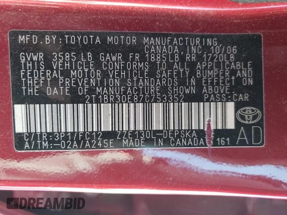 ✅ 2007 Toyota Corolla CE • VIN: 2T1BR30E87C753352 • Lot: 56982405. Listed on Copart with 120,795 mi. Free auction sales archive from the USA and detailed vehicle history report at DreamBid. Image 13.