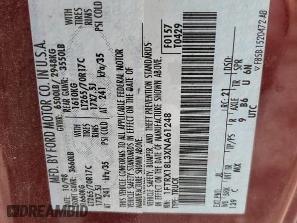 ✅ 1999 Ford F-150 XL • VIN: 1FTRX18L3XNA61248 • Лот: 56355005. Опубликован ранее на Copart с пробегом Не указан. Бесплатный доступ к архиву аукционных продаж из США и подробный отчёт об истории автомобиля на DreamBid. Изображение 12.