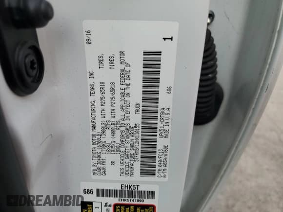 ✅ 2017 Toyota Tundra SR • VIN: 5TFRM5F12HX110155 • Lot: 85871035. Listed on Copart with 123,771 mi. Free auction sales archive from the USA and detailed vehicle history report at DreamBid. Image 12.