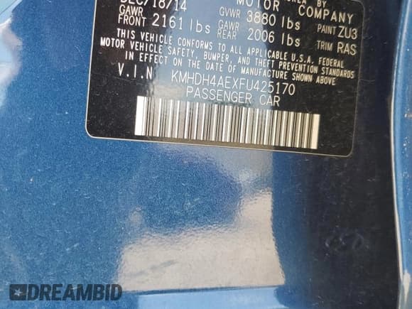 ✅ 2015 Hyundai Elantra Limited • VIN: KMHDH4AEXFU425170 • Lot: 71012725. Listed on Copart with Not provided. Free auction sales archive from the USA and detailed vehicle history report at DreamBid. Image 12.