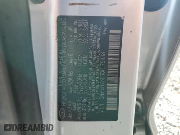 ✅ 2008 Hyundai Santa Fe SE • VIN: 5NMSH73E38H179938 • Lot: 82483005. Listed on Copart with 129,635 mi. Free auction sales archive from the USA and detailed vehicle history report at DreamBid. Image 13.