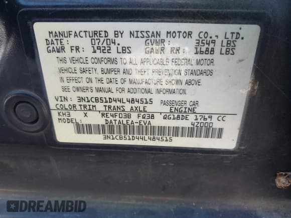 ✅ 2004 Nissan Sentra S • VIN: 3N1CB51D44L484515 • Lot: 42436753. Listed on IAAI with 92,283 mi. Free auction sales archive from the USA and detailed vehicle history report at DreamBid. Image 9.