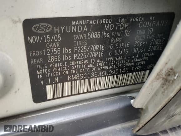 ✅ 2006 Hyundai Santa Fe GLS • VIN: KM8SC13E36U095146 • Лот: 91053565. Опубликован ранее на Copart с пробегом 123 342 миль. Бесплатный доступ к архиву аукционных продаж из США и подробный отчёт об истории автомобиля на DreamBid. Изображение 13.