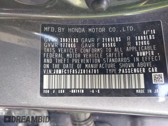 ✅ 2018 Honda Civic EX-L • VIN: JHMFC1F85JX014701 • Лот: 41467342. Опубликован ранее на IAAI с пробегом 50 292 миль. Бесплатный доступ к архиву аукционных продаж из США и подробный отчёт об истории автомобиля на DreamBid. Изображение 9.