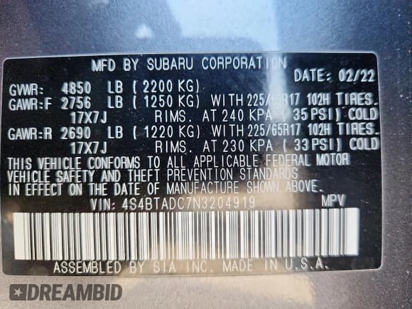 ✅ 2022 Subaru Outback Premium • VIN: 4S4BTADC7N3204919 • Лот: 91886445. Опубликован ранее на Copart с пробегом 69 280 миль. Бесплатный доступ к архиву аукционных продаж из США и подробный отчёт об истории автомобиля на DreamBid. Изображение 12.