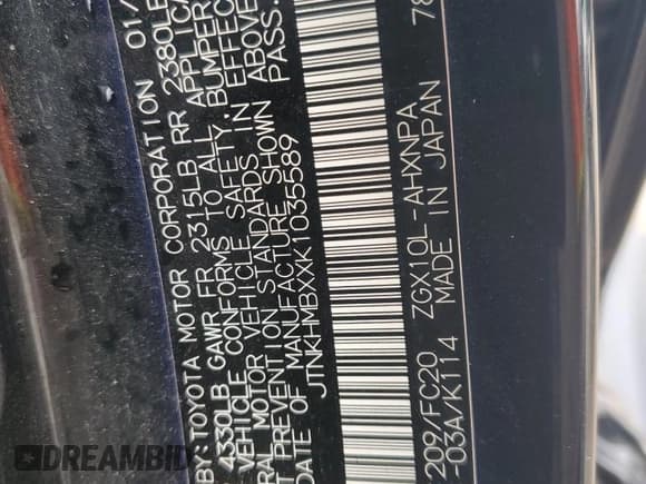 ✅ 2019 Toyota C-HR LE • VIN: JTNKHMBXXK1035589 • Lot: 82112545. Listed on Copart with 93,391 mi. Free auction sales archive from the USA and detailed vehicle history report at DreamBid. Image 13.