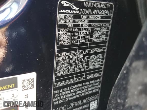 ✅ 2020 Jaguar F-Pace 25t R-Sport • VIN: SADCL2FX6LA656596 • Лот: 62877154. Опубликован ранее на Copart с пробегом 18 292 миль. Бесплатный доступ к архиву аукционных продаж из США и подробный отчёт об истории автомобиля на DreamBid. Изображение 13.