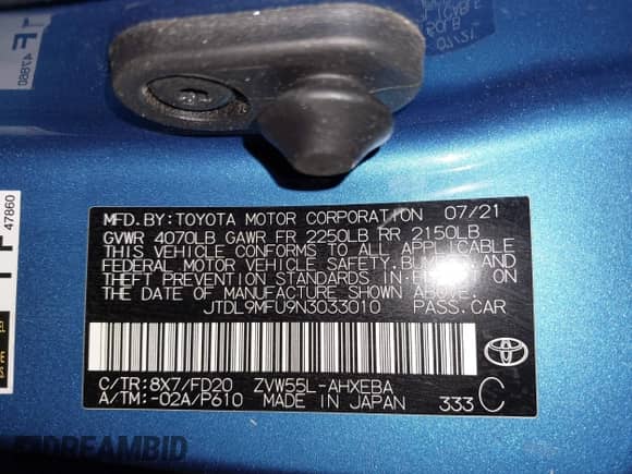 2022 Toyota Prius LE с VIN JTDL9MFU9N3033010, выставлен на аукционе IAAI как лот 41988488 с пробегом 52 359 миль миль и . История ставок и продаж доступна на DreamBid. Изображение 9.