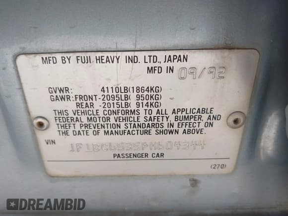 ✅ 1993 Subaru Legacy • VIN: JF1BC6535PH604344 • Лот: 41936841. Опубликован ранее на IAAI с пробегом 183 389 миль. Бесплатный доступ к архиву аукционных продаж из США и подробный отчёт об истории автомобиля на DreamBid. Изображение 9.